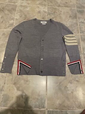 Thom Browne Wool 4-Bar V-Neck Cardigan SZ 1 Grey Pockets Button Down